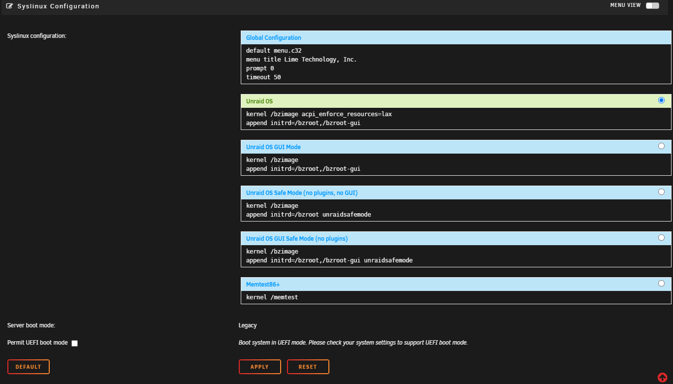 Example Syslinux Configuration with kernel option added.